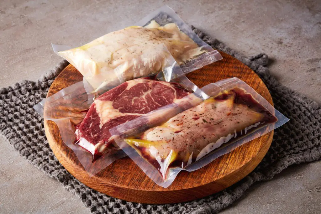 Meat vacuum sealed on stone table