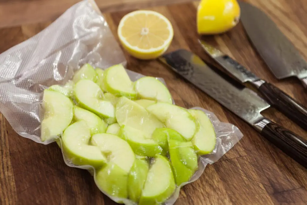 Apple in vacuumed package for sous vide cooking.
