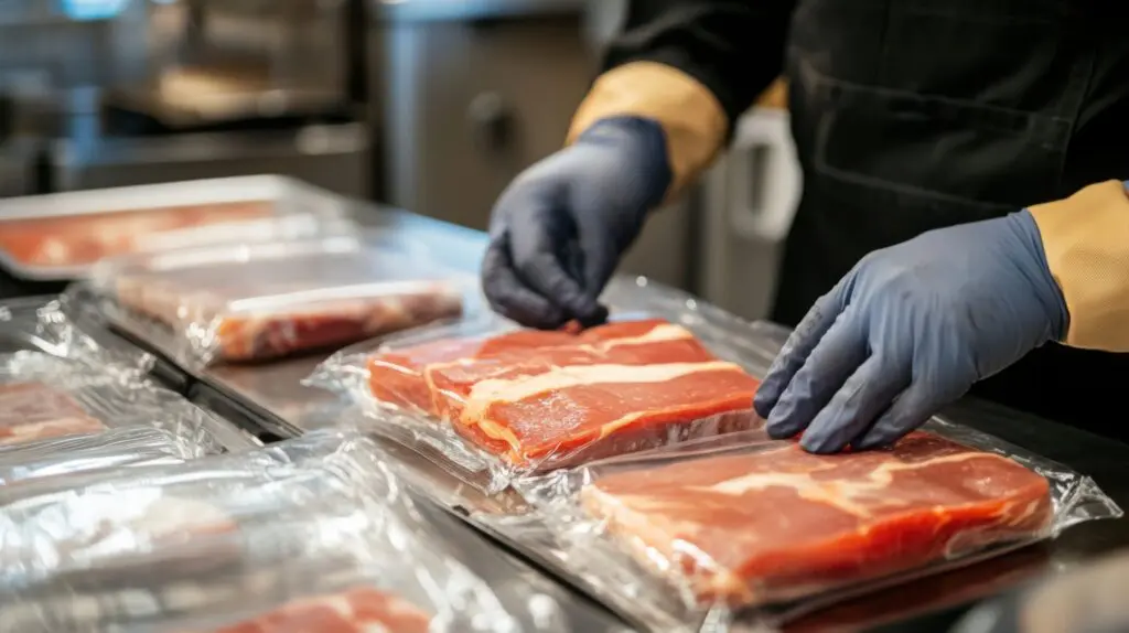 Food production line using artificial intelligence for packaging meat products efficiently