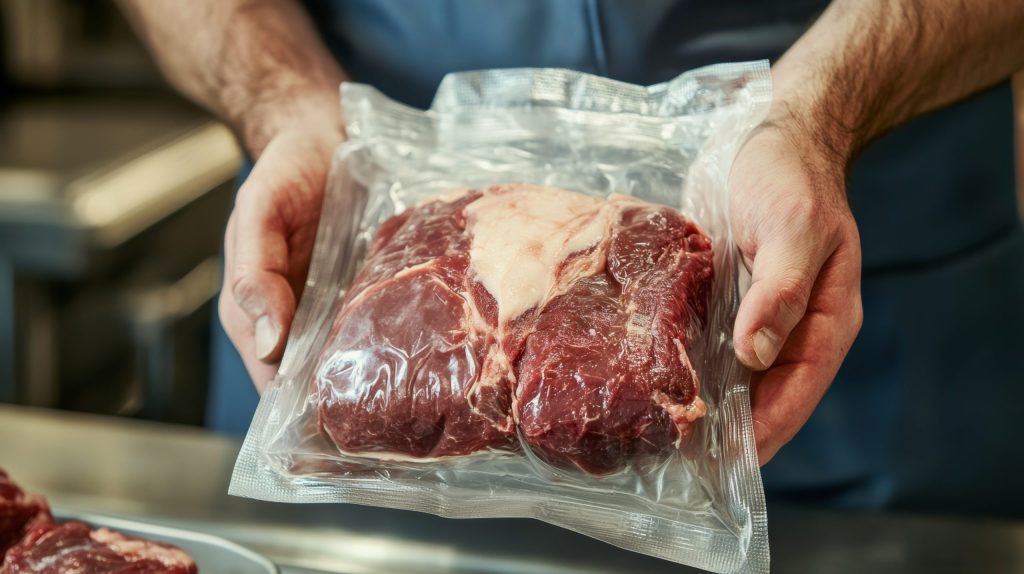 Chef holds a vacuum sealed bag of meat