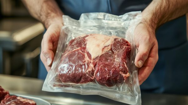 Chef holds a vacuum sealed bag of meat