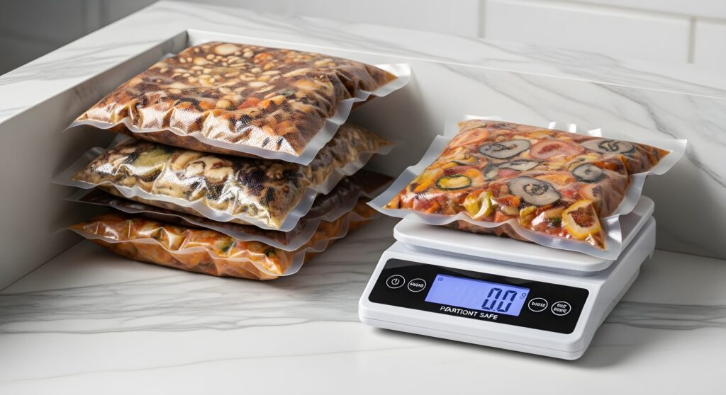 Vacuum sealed meals being weighed on a scale