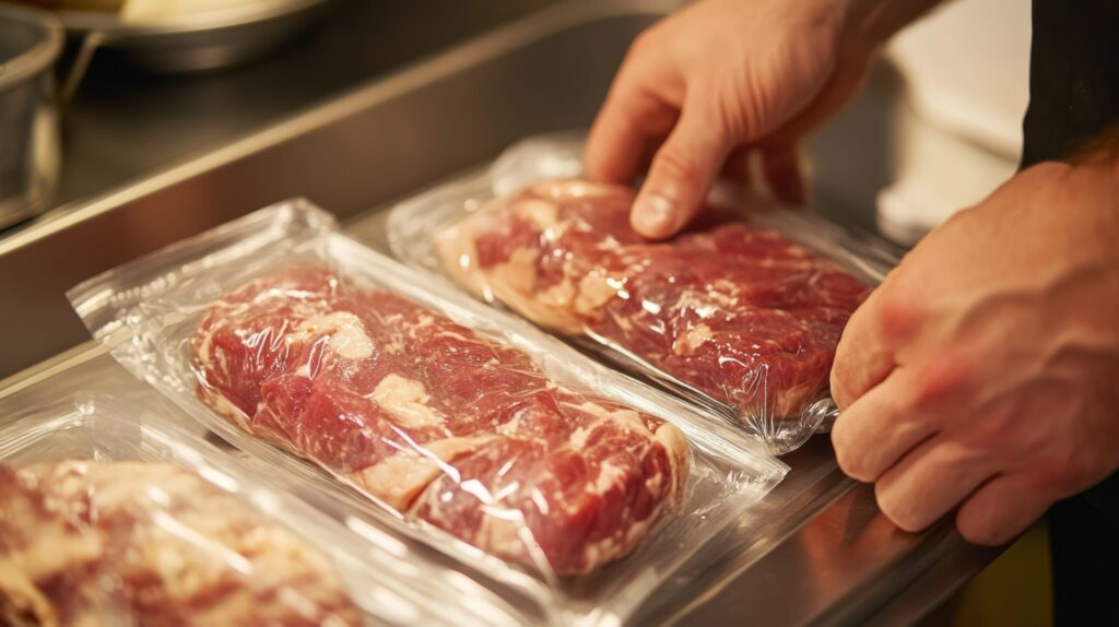 a person vacuum sealing meat