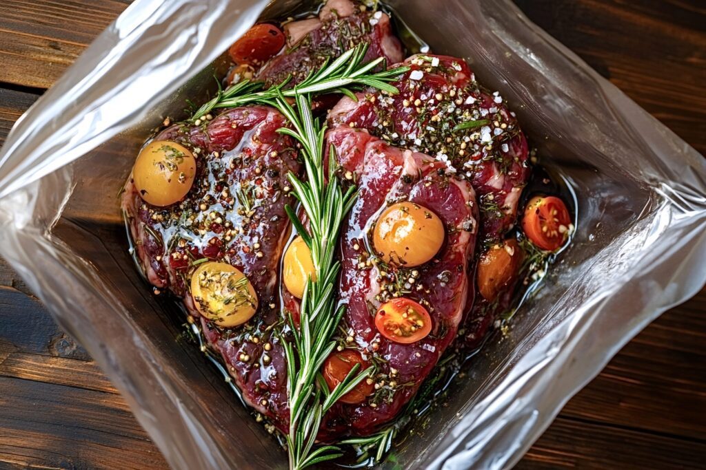 Seasoned meat in vacuum sealed bags.