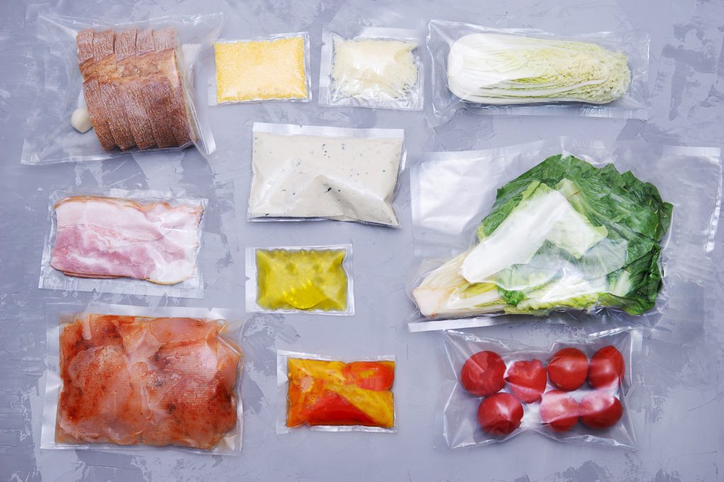 A variety of foods in vacuum sealed bags