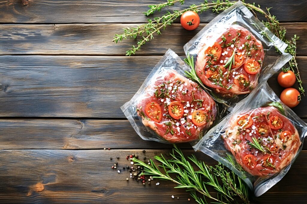 Fresh beef steaks with rosemary, thyme, salt, pepper and cherry tomatoes are vacuum packed and ready for sous vide cooking on old wooden background