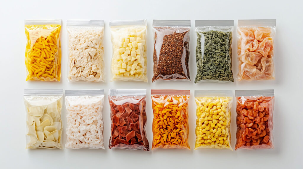 Variety of dried fruits, vegetables, and snacks arranged in clear bags on a white background